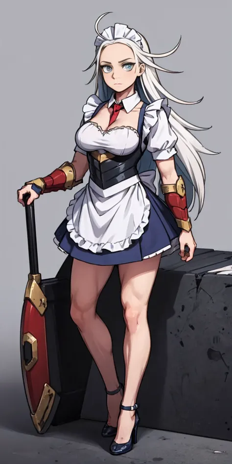 female, standing, straight, long_hair, messy_hair, white_hair, maid with armor, metal high heels