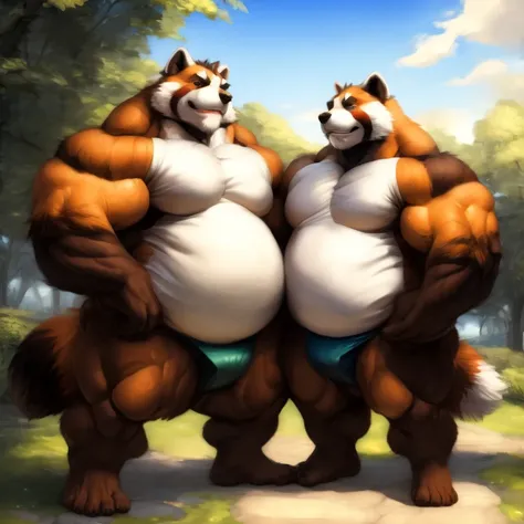 ((Masterpiece)),((Hight quality)),((Hught Detailed)),((Realistic,)) Anime Artistic masterpiece art, Concept anime art, Furry character, Kemono art, Casual, Anime Obese sumo Wereredpanda, a full body image, He and his friend are They are posing for a photo ...