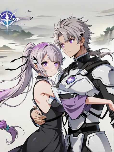 (1yj1)，close shot, 1gir, 1boy, embrace，eyes look at you，purple hair，purple eyes，long hair，gray hair，ponytail，(white mechanical b...