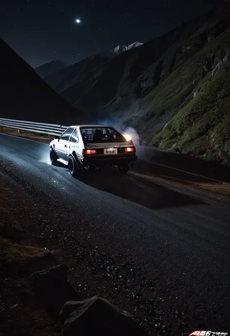 running through the mountain pass at night,toyota ae86, drifting