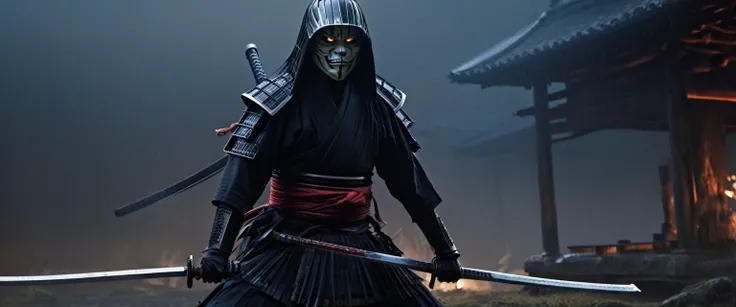 A battered dangerous Samurai, a black grim reaper approaching, a woman at the Samurais feet, detailed eyes and face for the Samurai, detailed eyes and lips for the woman, sword raised in defiance, dark and menacing atmosphere, intense lighting, oil paintin...