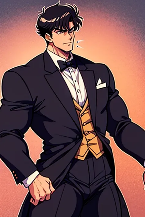 Tuxedo Kamen as a big dumb bodybuilder jock bro with a bulging crotch and straining clothes.