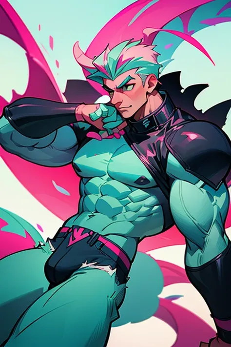 large and muscular twin dragons_ white scales with turquoise and pink details_ wearing a stylish coat with abstract details_ ripped black jeans. super muscular_ bodybuilder_ big dick.