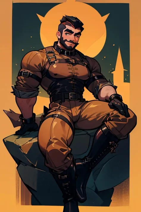 Man Bear_sugardaddy_with big beard_thick eyebrows_sensual smile. Wearing harnesses with golden spikes_leather collar_big bulge_black boots_leather gloves.