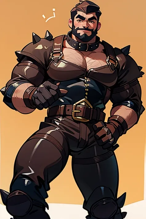 Man Bear_sugardaddy_with big beard_thick eyebrows_sensual smile. Wearing harnesses with golden spikes_leather collar_big bulge_black boots_leather gloves.