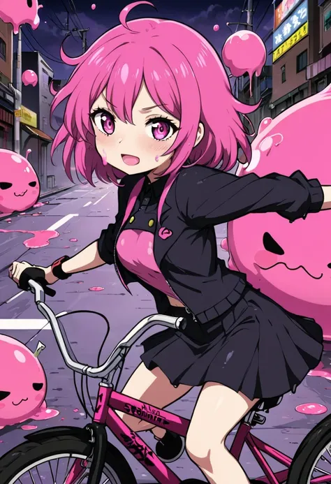 a picture of a girl riding a bike, an album cover, inspired by Nagasawa Rosetsu, pixiv contest winner, auto-destructive art, 256x256, pink slime everywhere, gapmoe yandere grimdark, [32k hd]^10
