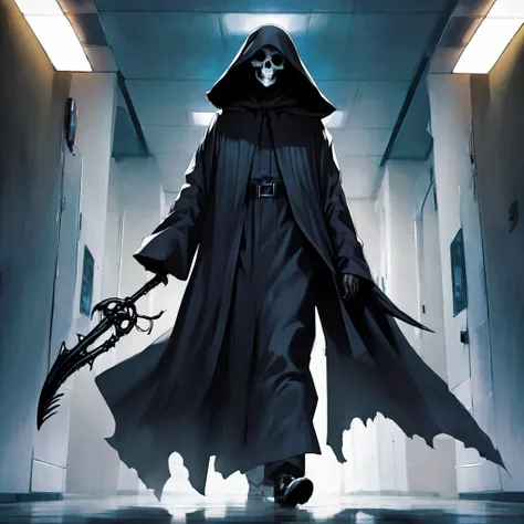 (best quality,4k,8k,highres,masterpiece:1.2),ultra-detailed,(realistic,photorealistic,photo-realistic:1.37),a black grim reaper,with detailed and flowing black robes,cloaked in shadows,walks unnoticed through a busy hospital. The grim reaper is extremely t...