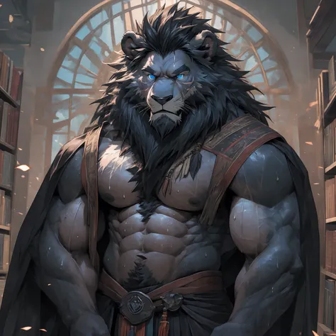 Sweaty, muscular, shirtless background of a spectacular magic library Harry Potter teacher wizard hairy anthropomorphic chest hair serious face（Scar on face） Mature （Blue eyes）Huge muscular ripped abs wild，Black Lion of Tribal Ambition