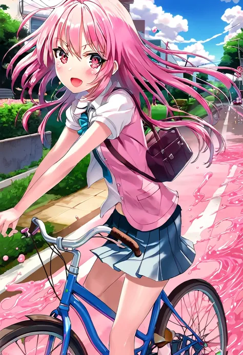 a picture of a girl riding a bike, an album cover, pixiv contest winner, auto-destructive art, 256x256, pink slime everywhere, gapmoe yandere grimdark, [32k hd]^10
