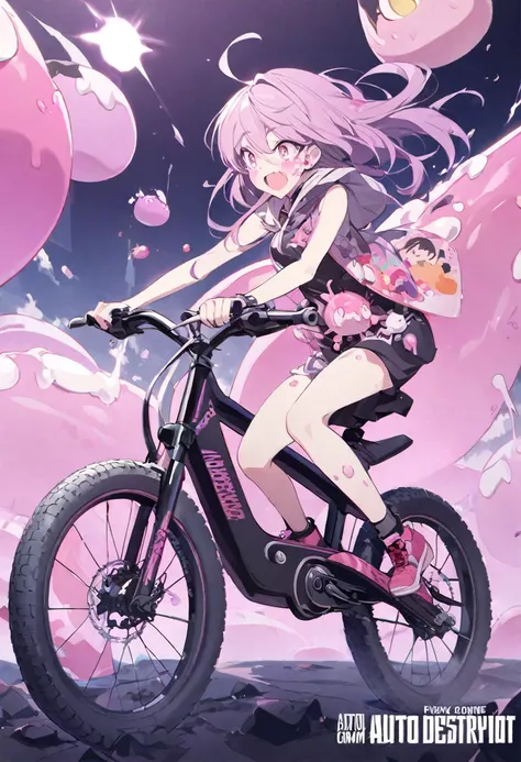 a picture of a girl riding a bike, an album cover, pixiv contest winner, auto-destructive art, 256x256, pink slime everywhere, gapmoe yandere grimdark, [32k hd]^10
