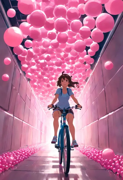 a woman riding a bike through a tunnel of pink balls, pixiv contest winner, cottagecore!! fitness body, chiaki nanami from danganronpa, ilya kuvshinov style, fullbody commission for
