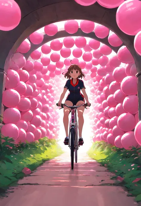 a woman riding a bike through a tunnel of pink balls, pixiv contest winner, cottagecore!! fitness body, chiaki nanami from danganronpa, ilya kuvshinov style, fullbody commission for
