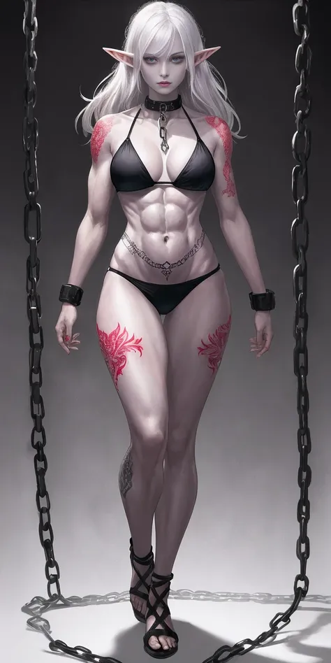 ((1girl)) full body, standing, grey skin, drow, elf, mature, purple eyes, white hair, black bikini, abs, big knockers, tatter rags, chain collar, stomach tattoo (red tattoo)