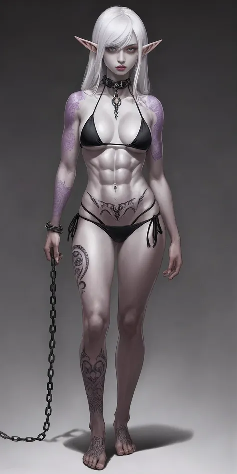 ((1girl)) full body, standing, grey skin, drow, elf, mature, purple eyes, white hair, black bikini, abs, big knockers, tatter rags, chain collar, stomach tattoo (red tattoo)