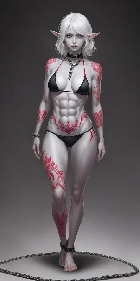 ((1girl)) full body, standing, grey skin, drow, elf, mature, purple eyes, white hair, black bikini, abs, big knockers, tatter rags, chain collar, stomach tattoo (red tattoo)