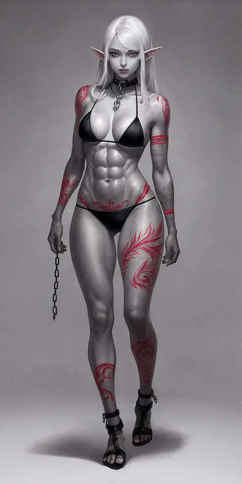 ((1girl)) full body, standing, grey skin, drow, elf, mature, purple eyes, white hair, black bikini, abs, big knockers, tatter rags, chain collar, stomach tattoo (red tattoo)