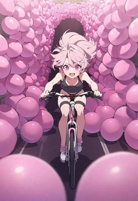 a woman riding a bike through a tunnel of pink balls, pixiv contest winner, cottagecore!! fitness body, chiaki nanami from danganronpa, ilya kuvshinov style, fullbody commission for
