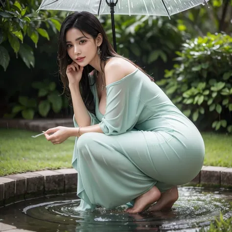 Arabic Woman walking in summer rain, ((in city park)),  ((fully clothed)),, ((rain)), long green summer dress, light grey cardigan, ((green dress)), bracelets, jewelry, beads, closeup fantasy with water magic, housewife, overcast, humid, tropical,  summery...