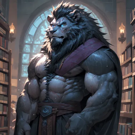 Sweaty, muscular, shirtless background of a spectacular magic library Harry Potter teacher wizard hairy anthropomorphic chest hair serious face（Scar on face） Mature （Blue eyes）Huge muscular ripped abs wild，Black Lion of Tribal Ambition