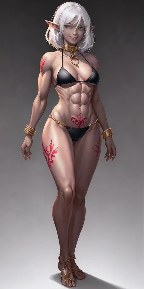 ((1girl)) full body, standing, grey, WHITE and BLACK skin, drow, elf, mature, detailed happy face, purple eyes, white hair, black bikini, abs, big knockers, golden chain collar, stomach tattoo (red tattoo)