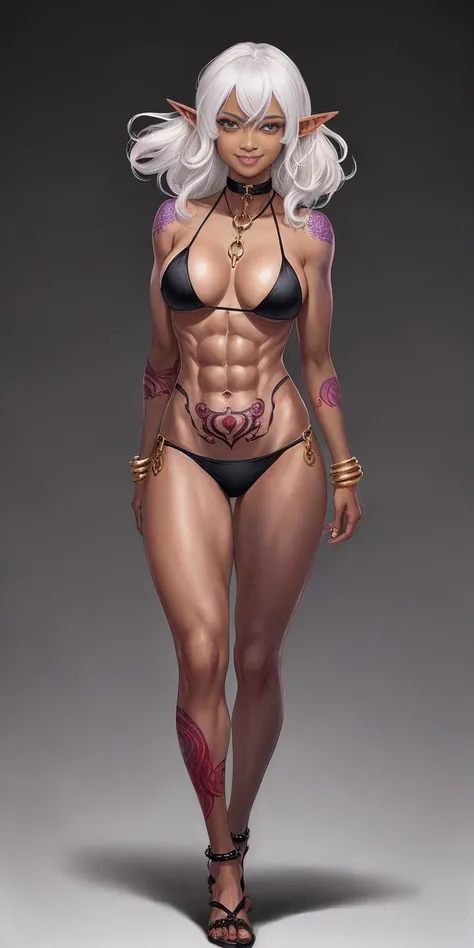 ((1girl)) full body, standing, grey, WHITE and BLACK skin, drow, elf, mature, detailed happy face, purple eyes, white hair, black bikini, abs, big knockers, golden chain collar, stomach tattoo (red tattoo)