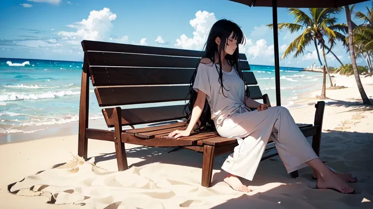 ((full shot))((long shot))((sitting, relaxing, sleeping)) high quality, ((bedraggled hair)), ((beach at night))((healthy body)), woman in white t-shirt sitting on beach sofa, cool woman, long black hair, beige pants