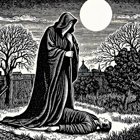 (black and white woodcut:1.5)、(black and white second floor)、grim reaper、long black robe、(a large sickle in hand、big blade:1.9)、...