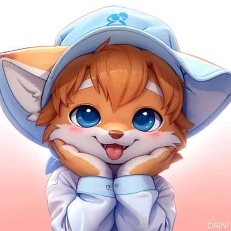 anthropomorphic young male light orange fox, eyes closed, tongue out, cute face, cute pose, wearing a light blue pijama and a li...