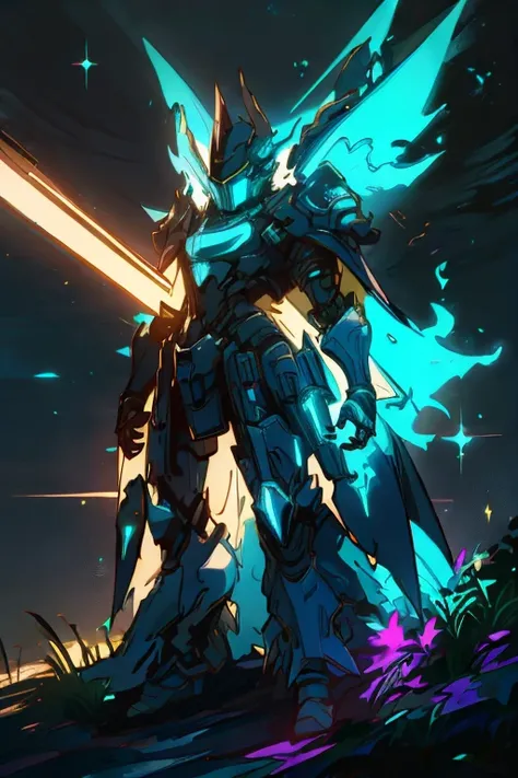 A detailed hero dressed in a black cape stands out in this scene. The ends of the cape are adorned with flame-shaped patterns, dyed in a vibrant cyan blue color. The heros mask fully covers their face, revealing only bright blue neon slits that outline the...