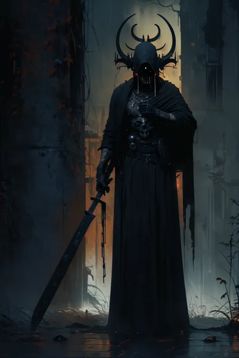 (best quality,ultra-detailed),(dark,spooky) portrait of (the black reaper, the grim reaper) in a (sinister, eerie) setting, with...