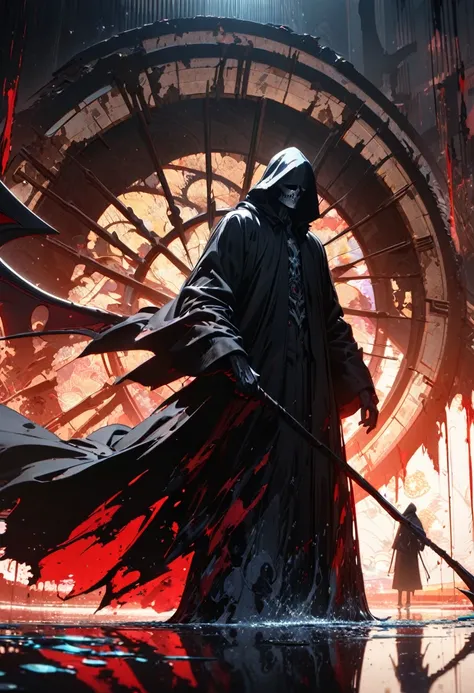 hooded grim reaper, male, silver eyes, holding a giant scythe, behind is a giant clock, abstract art, colors (black and red), masterpiece, best quality, cinematic lighting, reflection, water, shade, shadows, wallpaper, absurd, very detailed, (Official Art,...