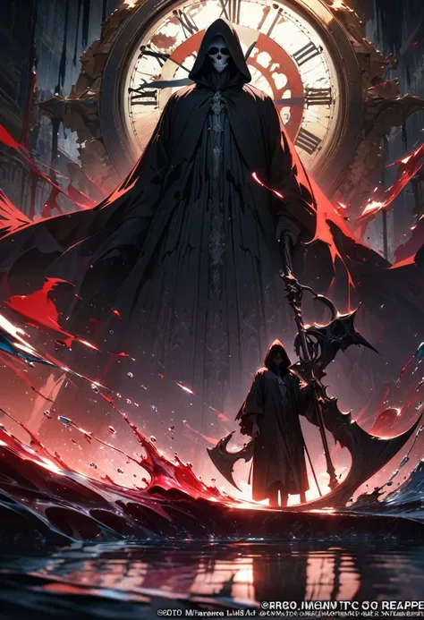 hooded grim reaper, male, silver eyes, holding a giant scythe, behind is a giant clock, abstract art, colors (black and red), masterpiece, best quality, cinematic lighting, reflection, water, shade, shadows, wallpaper, absurd, very detailed, (Official Art,...