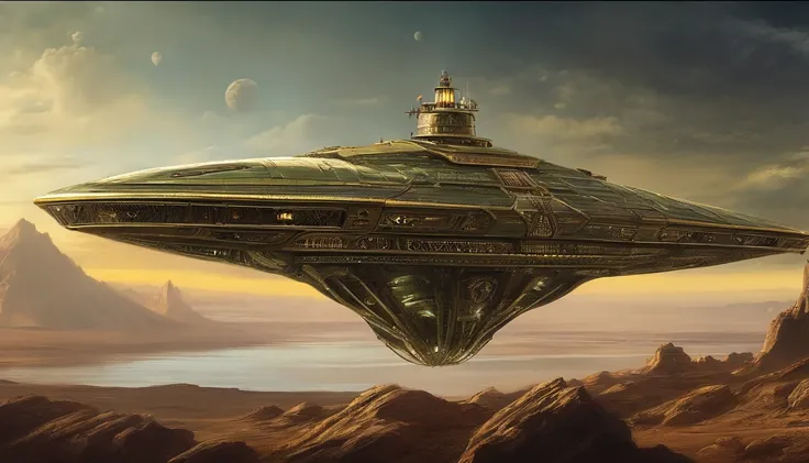 A amazingly detailed vision of a massive futuristic solorpunk starship, in the style of Leonardo Da Vinci & Winslow Homer, with a dark gold coloring and adorned in forest green. The cream colored crystalline nacelles located, at the back of the ship , at a...