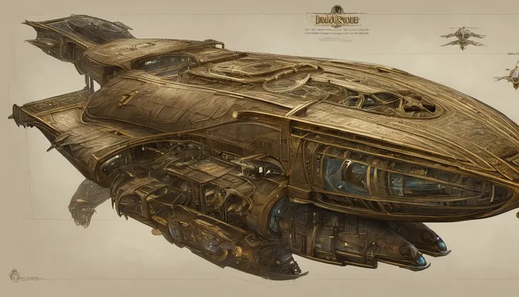 A amazingly detailed vision of a massive futuristic solorpunk starship, in the style of Leonardo Da Vinci & Winslow Homer, with a dark gold coloring and adorned in forest green. The cream colored crystalline nacelles located, at the back of the ship , at a...