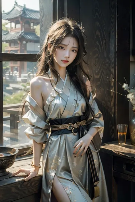 Reality, high resolution, Soft Light,1 Woman, Solitary, Hip lift, View Viewer, (Delicate face), long hair, beautiful girl, Hanfu, east asian architecture,scabbard,architecture, Tattoo, Jewelry