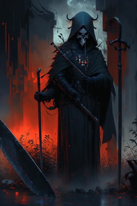 (grim reaper with scythe:1.5), (best quality,highres),detailed reaper with scythe,ominous atmosphere,dark fantasy,gothic style,heavy shadows,misty fog,moonlit night,rustling leaves,sinister presence,mysterious figure,sharp sickle,hooded cloak,ethereal glow...