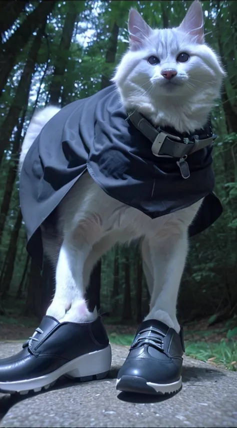 die (the cat that wears shoes), male, muscular, Wolf, Canines, Fluffy, permanent, night, forest, paw, paw, low angle view, long hair, Black sclera, Red Eyes, Tail, Front view, Action poses, (Black cape:1.2), Dressed, Bottoms, Pants, belt, White body, Black...