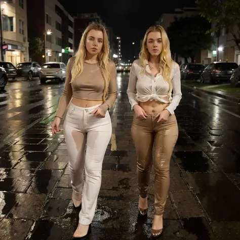 ((pp clothes)), 2 woman with blonde hair and white buttoned shirt and black pants and high heels. Soaked by rain. Seetrough. Outside on street. Full body. Seductive.