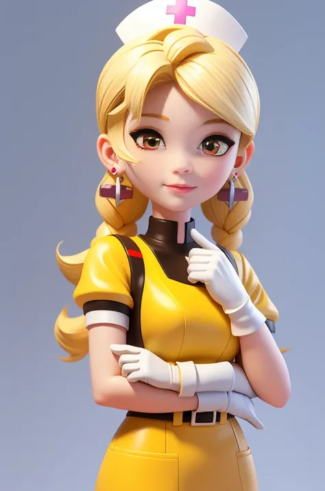 3d characters,earrings,(Whole body love:1.2),Simple background, masterpiece,best quality,(White background:1.1), masterpiece，best quality at best，Blonde nurse，Wear gloves when going to the hospital，White nurse