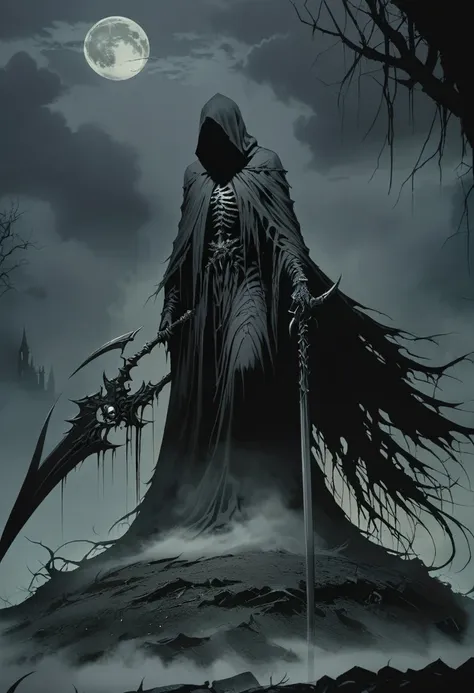 (best quality,highres),detailed reaper with scythe,ominous atmosphere,dark fantasy,gothic style,heavy shadows,misty fog,moonlit ...