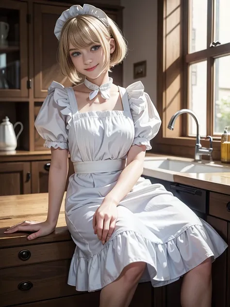 8K,Masterpiece,One woman,Smile,30 years old,blue eyes,Blonde Hair,Short Bob Hair,(Maid clothes),Ella Freya, a beautiful Dutch YouTuber（Ella Freya),