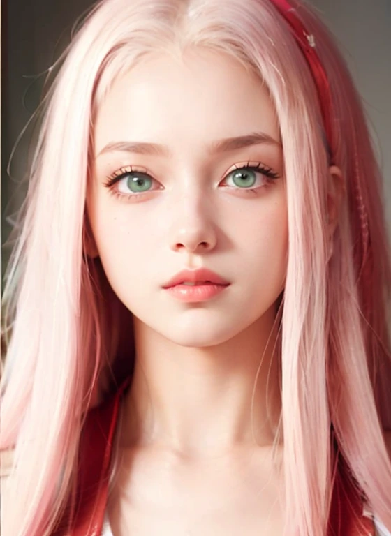 young woman, short shoulder-length pink hair, wide forehead, porcelain skin, pink eyebrows, big emerald green eyes, buttoned nose, full lips, heart-shaped face, slender body, small breasts, red tank top, Sakura Haruno , realistic, realism, details, 3d, wel...