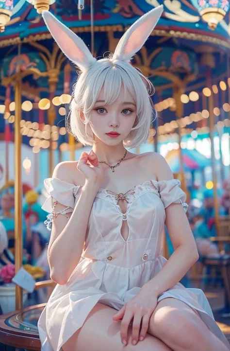 18-year-old, Wide-angle lens, A woman in stylish spring clothes、Woman enjoying merry-go-round at night,thin、Serious expression、Short-haired、Deadly position, Gorgeous Necklace, Light milky porcelain skin, Smooth, Translucent white skin, Enchanting anime gir...