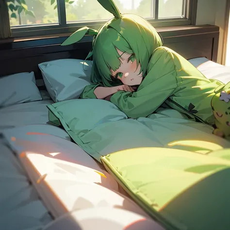 Green rabbit ears, green animal ears, a girl, bob cut, green hair, green eyes, young, alone,10-year-old, baby face, with a bed, sleeping, sleepy, lying down, looking at viewer, pajamas, with a window, in the room, in the bedroom