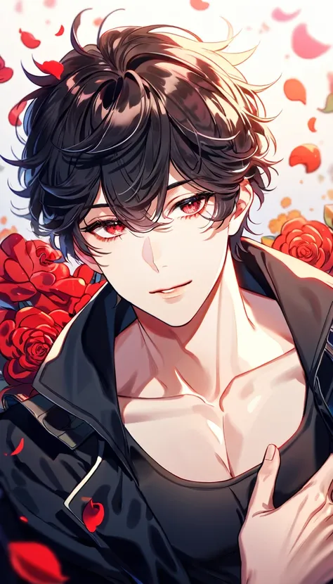 (absurdres, highres, ultra detailed, HDR) master piece, best quality, perfect face, delicated features, Han Yoohyun, black messy hair, short hair, expressive red eyes, The S Classes That I Raised, solo, sexy man, handsome, toned chest, black coat, black ti...