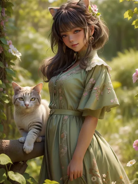 a girl opens the front door and immediately encounters a cat, standing in a beautiful garden. the girl has mesmerizing eyes and ...