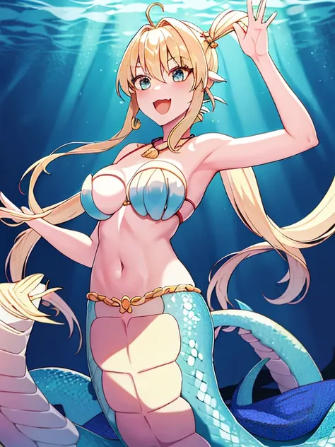 Lamia, long tail lamia, masterpiece, best quality, highres, hmnl, blonde hair, twintails, blue eyes, long hair, ahoge, hair ornament, jewelry, shell bikini, bracelet, earrings, shell necklace, underwater, ocean, smile, cowboy shot, reaching out, open mouth...