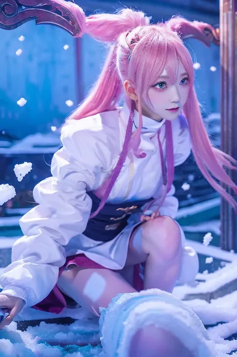 Extreme Detail, perfection, aerial photograph, Like a work of art., Anime girl with ice and snow sword, Pink hair and a long purple skirt go perfectly together., Staring at Genshin Ayaka from afar, Take me to the world of Genshin..