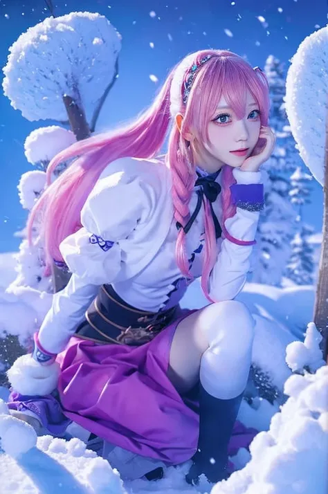 Extreme Detail, perfection, aerial photograph, Like a work of art., Anime girl with ice and snow sword, Pink hair and a long purple skirt go perfectly together., Staring at Genshin Ayaka from afar, Take me to the world of Genshin..