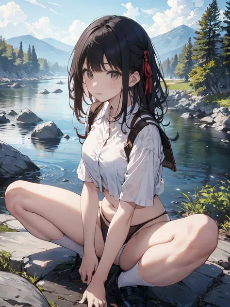 Super detailed、Sharp Focus、((highest quality))、8k、Dynamic Pose、1 girl、black eye、Black hair in the middle、Blunt bangs、Outdoor、river、rock、belly button、White shirt without buttons、White G-string Panties、Sitting。 、 Embarrassing、